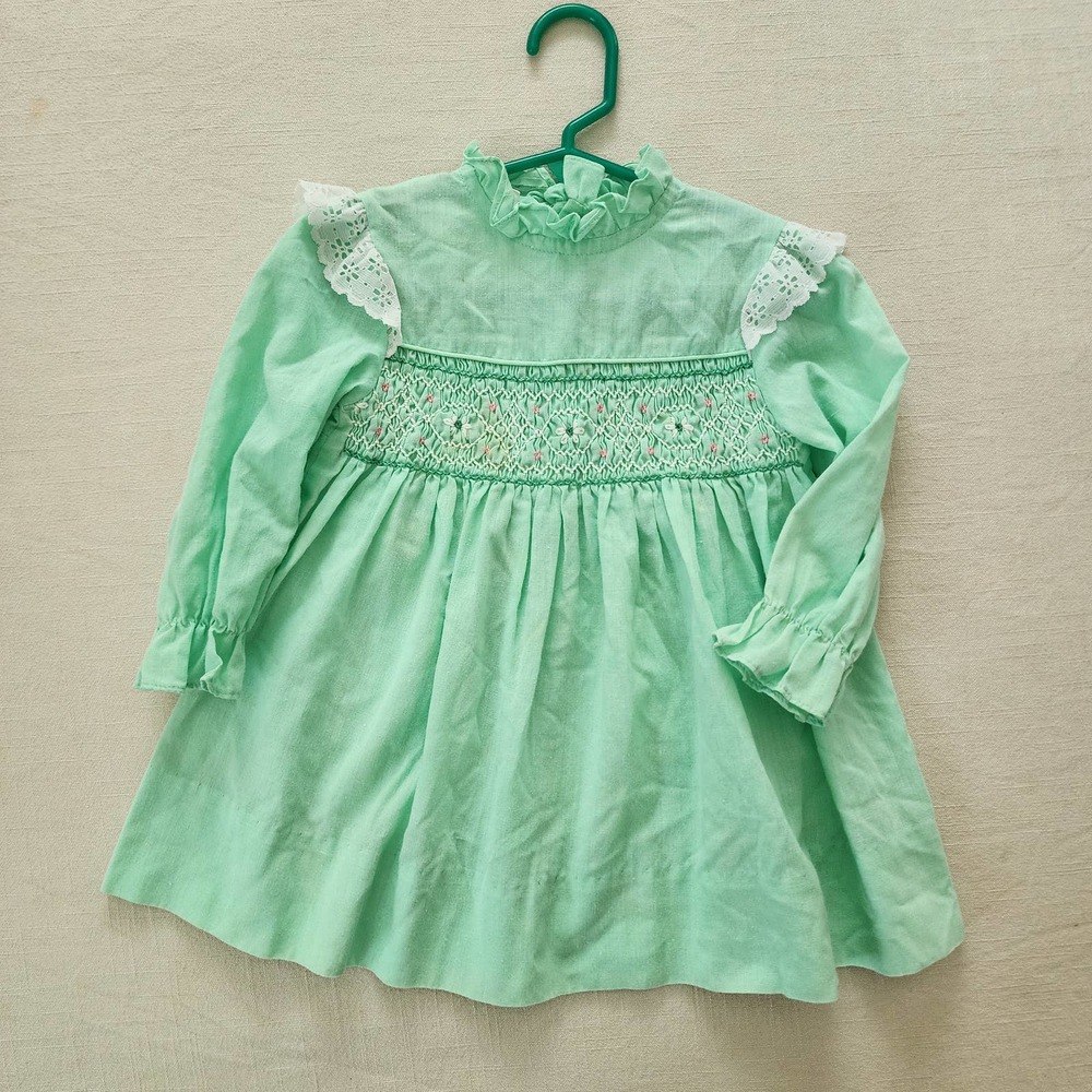 Vintage Sears 70s Smocked Green Dress 3t